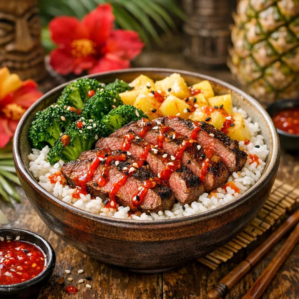 Kansas-Style Polynesian Steak Bowl with Spicy Truff Reaper Drizzle