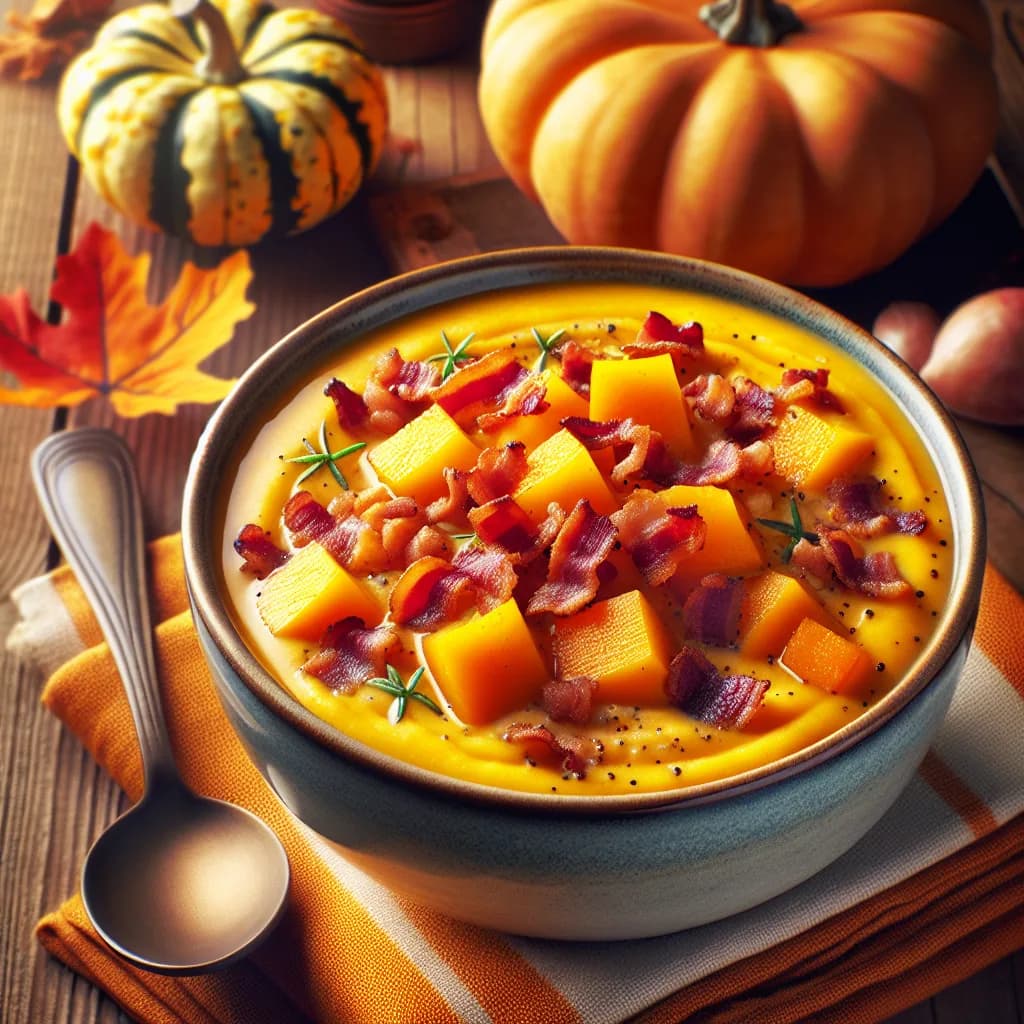 Kartoffel-Kürbis-Suppe mit Speck