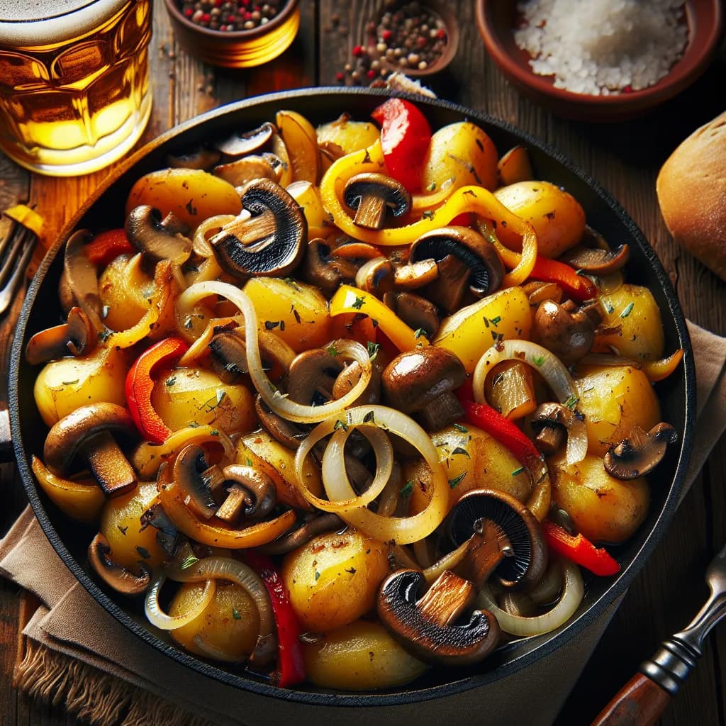 Kartoffel-Pilz-Pfanne mit Zwiebeln und Paprika