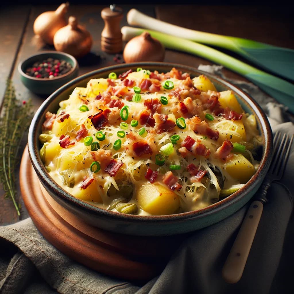 Kartoffelauflauf mit Grammeln und Lauch