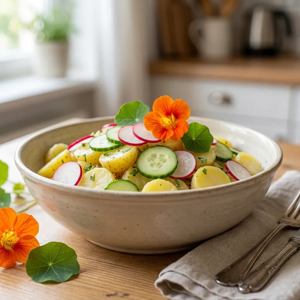 Kartoffelsalat mit Kapuzinerkresse und Radieschen