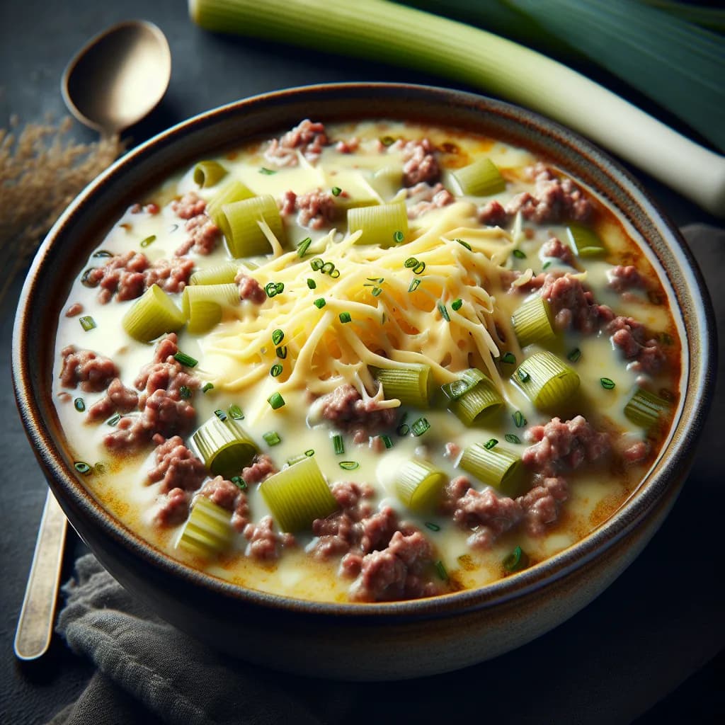 Klassische Hackfleisch-Lauch-Käse-Suppe