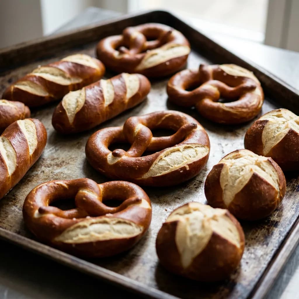 Klassisches österreichisch-bayerisches Laugengebäck mit Brezeln, Laugenstangen und Laugenbrötchen