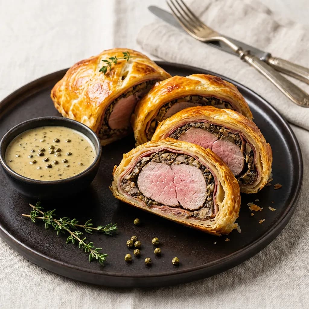Klassisches Filet Wellington mit Schweinslungenbraten statt Rindsfilet, Pilz-Duxelles, Rohschinken und Blätterteig, dazu cremige Pfeffersauce mit grünem Pfeffer