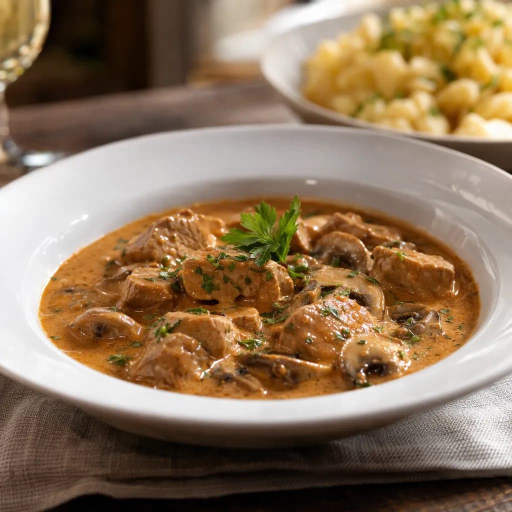Klassisches Kalbsrahmgulasch mit Champignons
