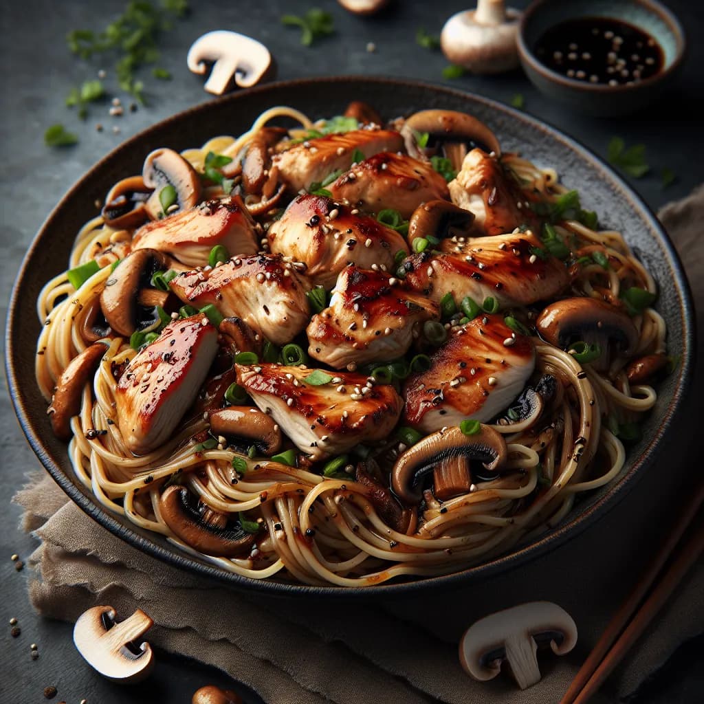 Knoblauch-Hähnchen mit Reisnudeln und Champignons