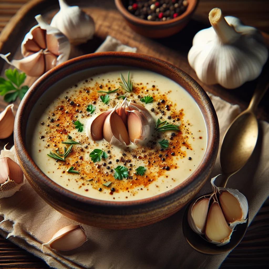Knoblauchcremesuppe mit geröstetem Knoblauch