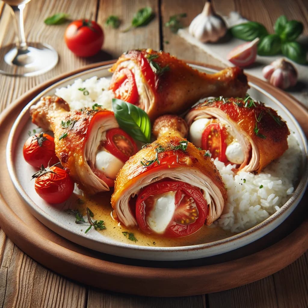 Knusprige Hühnerkeulen mit Tomaten-Mozzarella-Füllung