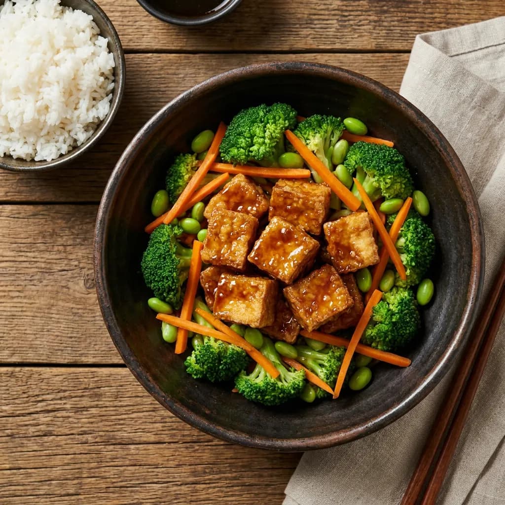 Knusprige Tofu-Gemüse-Pfanne mit Reis und Edamame