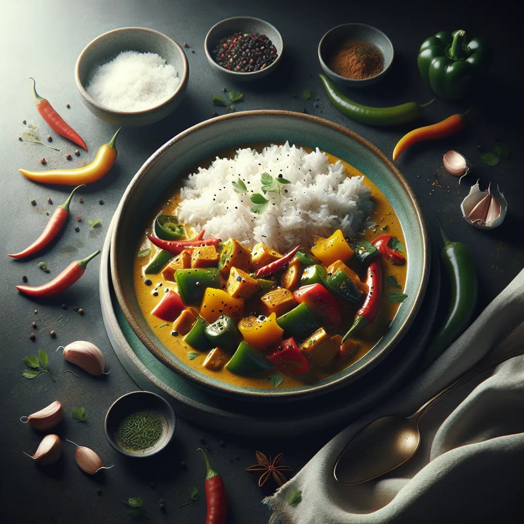 Kokos-Paprika-Curry mit Reis und Knoblauch
