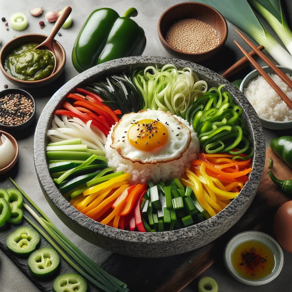 Koreanisches Bibimbap mit Lauch und Spitzpaprika