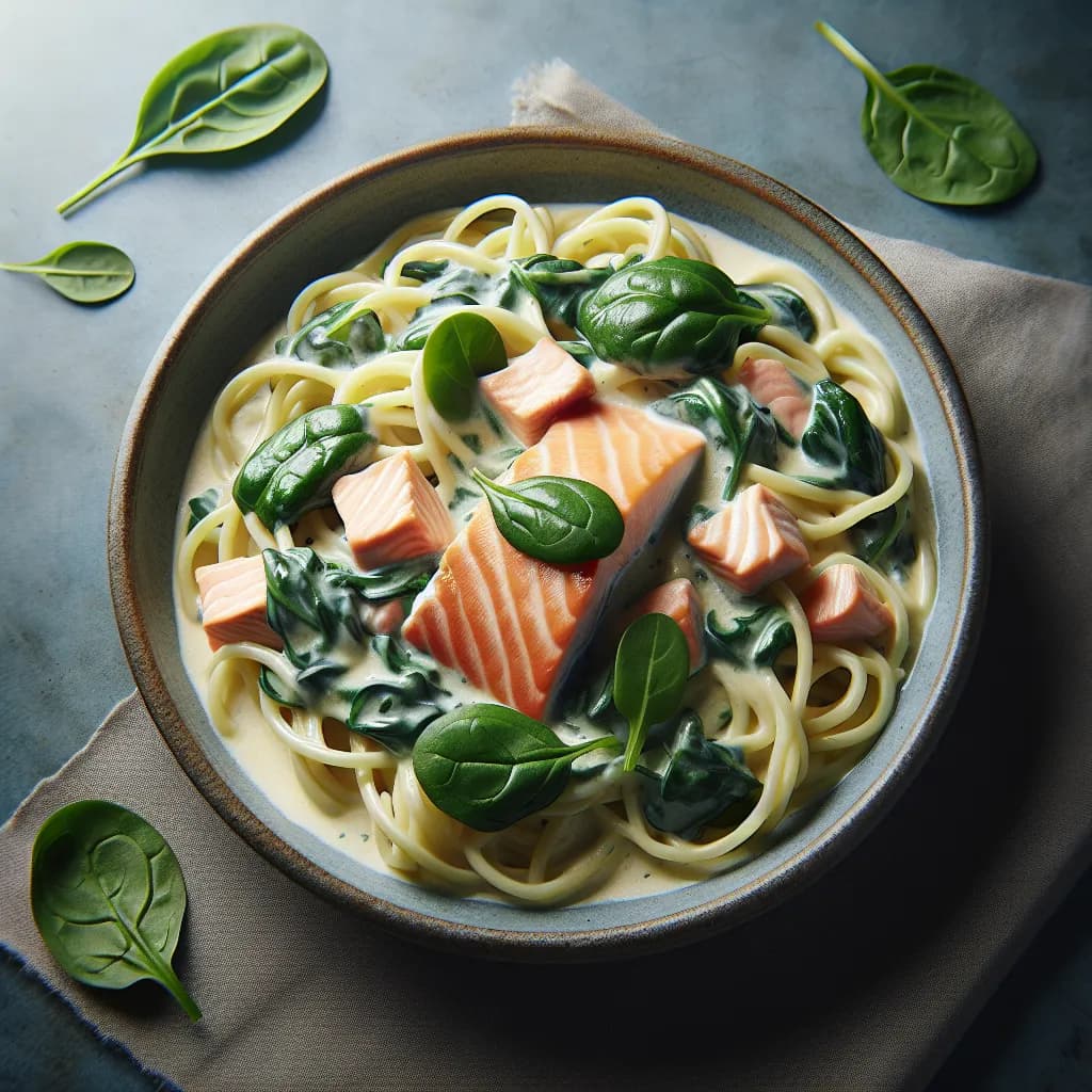 Lachs Nudeln mit Spinat