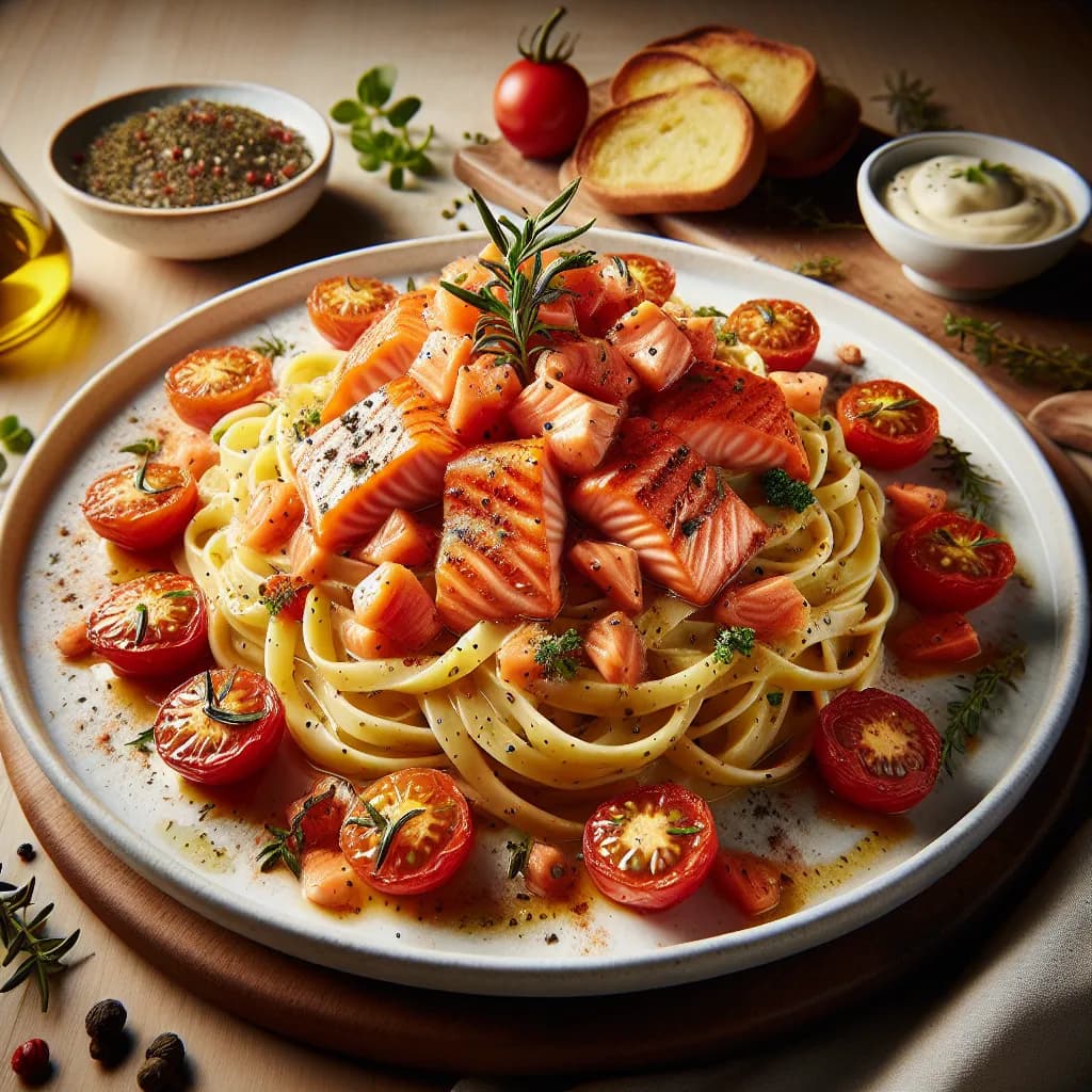 Lachs Nudeln mit Tomaten