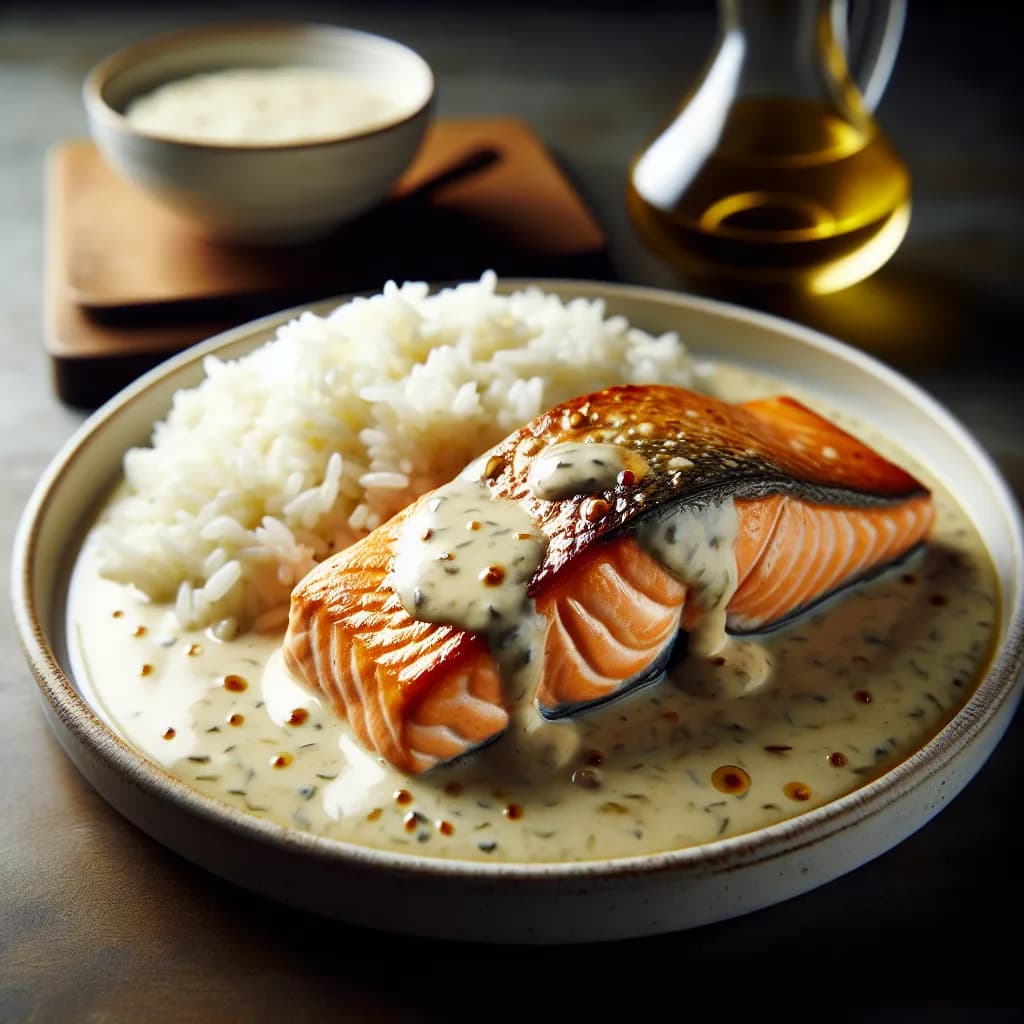 Lachs in Weißwein-Sahne-Sauce mit Reis