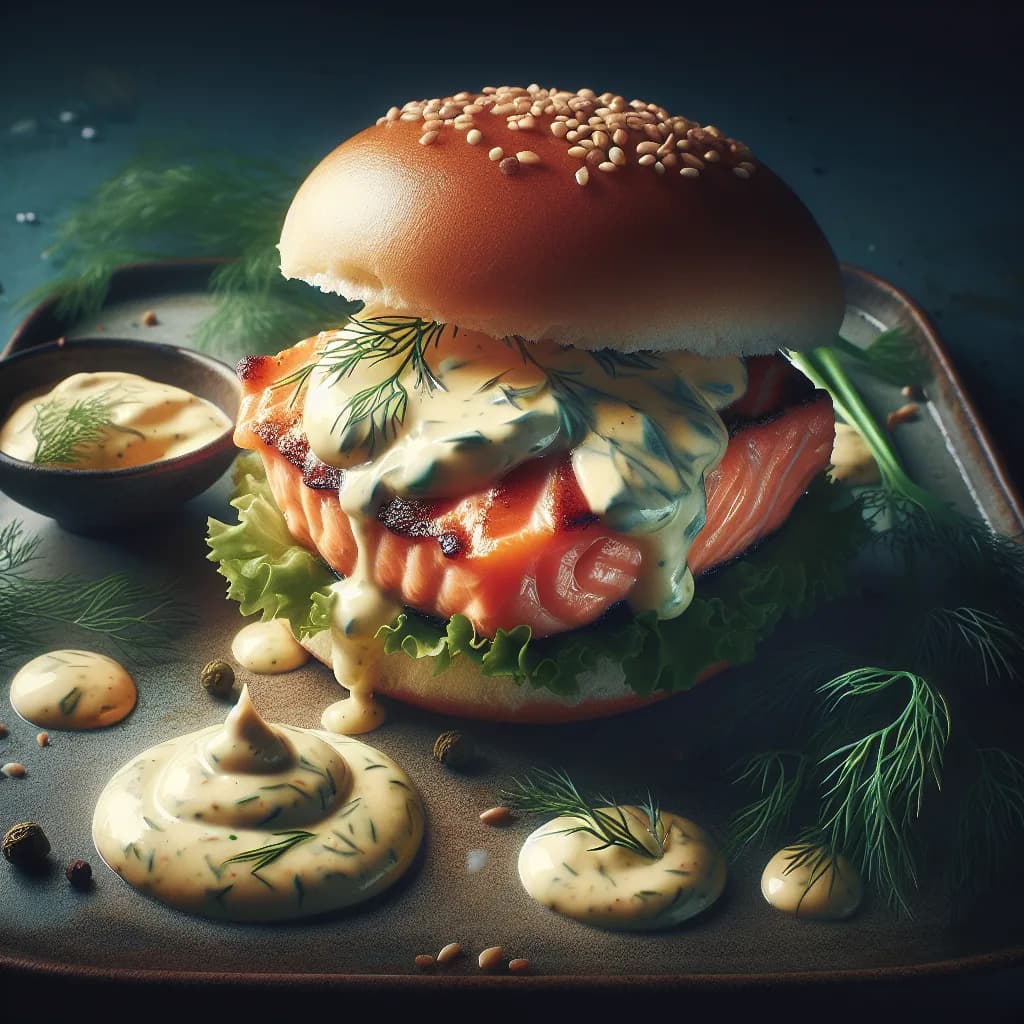 Lachsburger mit Dill-Senf-Sauce