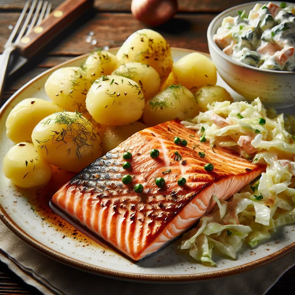 Lachsfilet mit Weißkraut und Pellkartoffelsalat