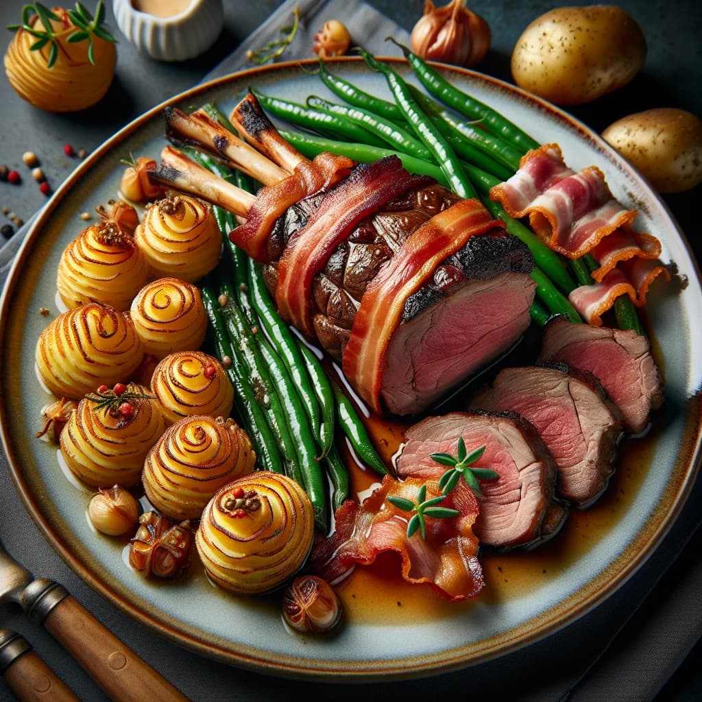 Lammbraten mit Speckbohnenbündchen und Herzoginkartoffeln