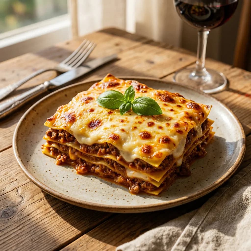 Lasaña de ternera con bechamel clásica y parmesano