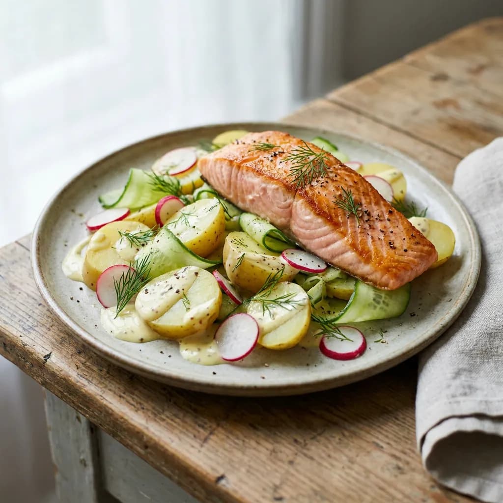 Lauwarmer Kartoffel-Gurken-Salat mit gebratenem Lachs