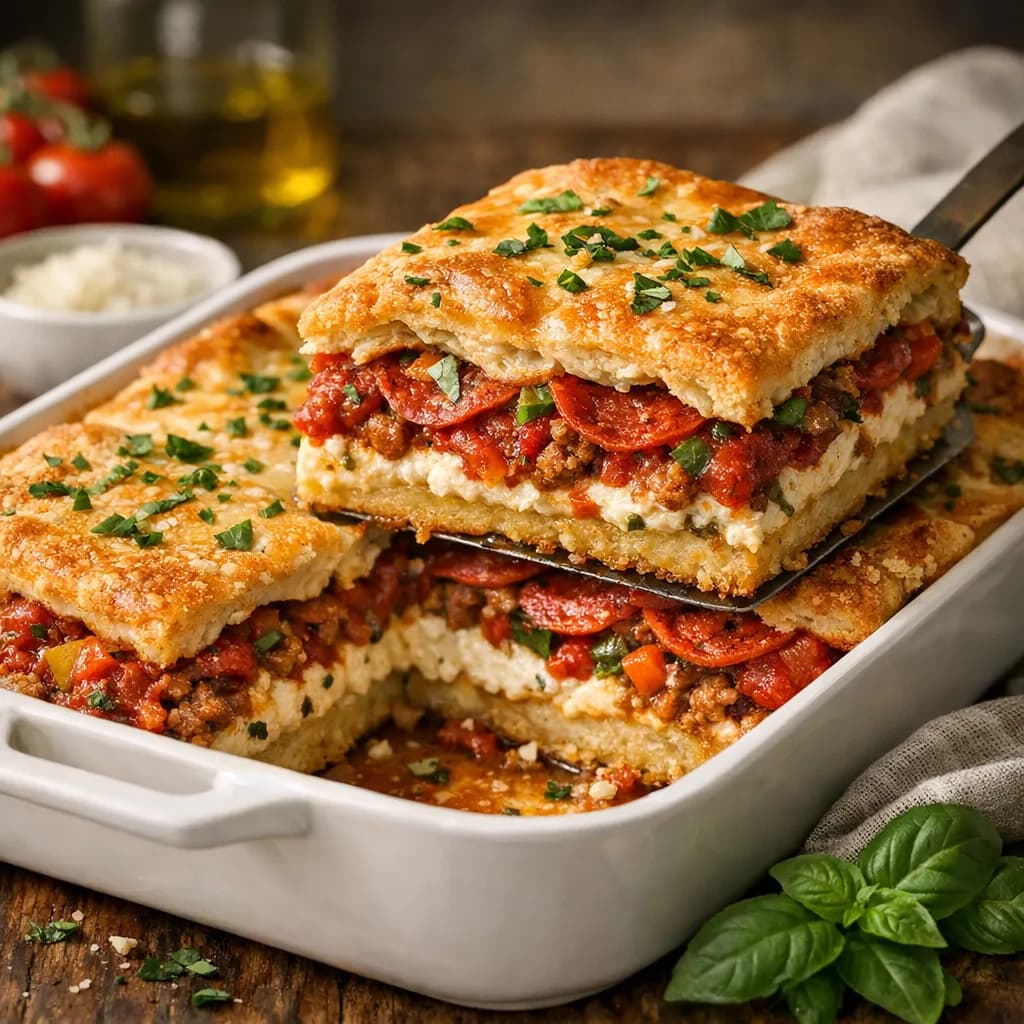 Layered Sicilian Ricotta & Pepperoni Pizza Bake
