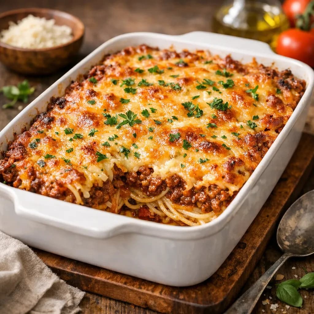 Layered Spaghetti and Cheesy Mince Casserole