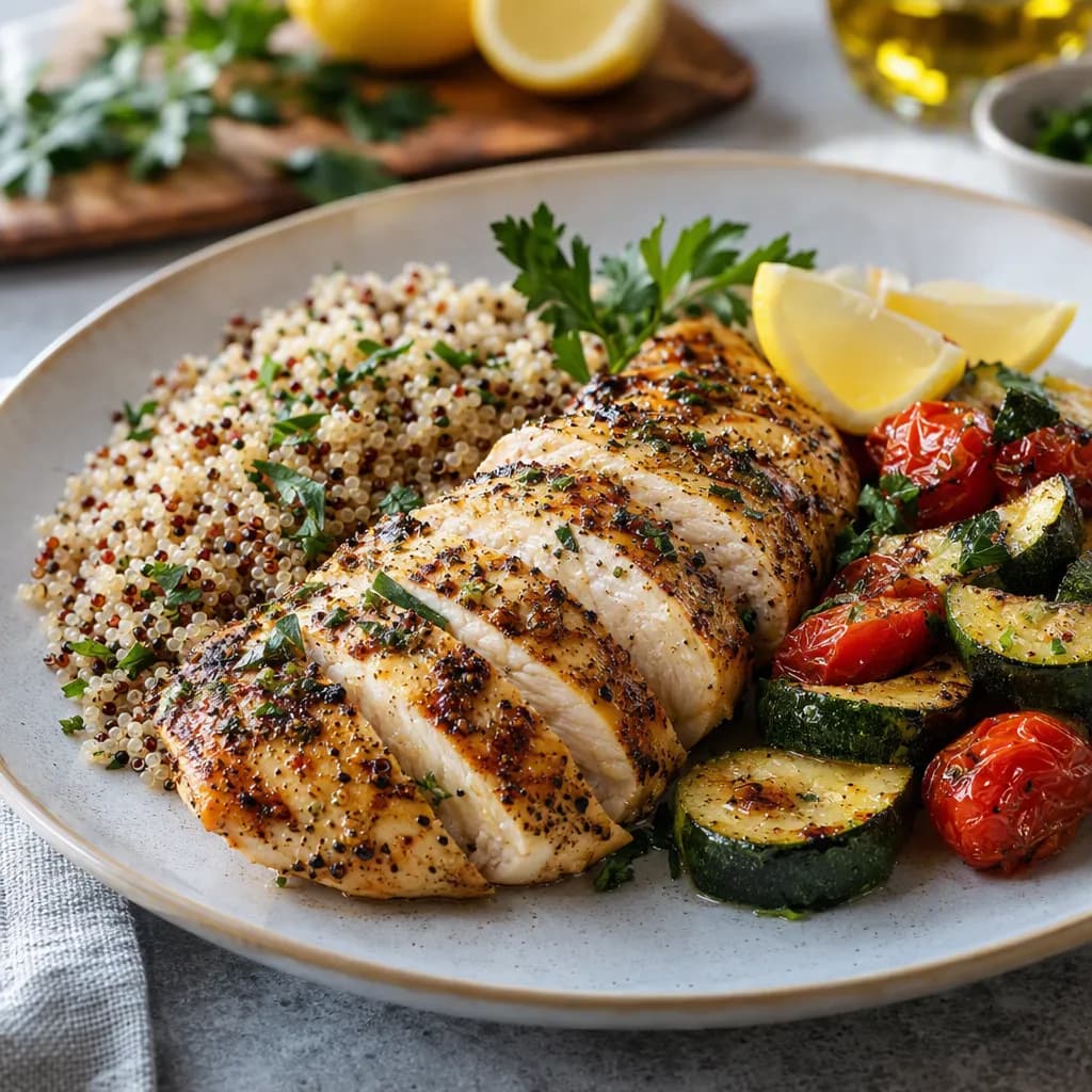 Lemon Herb Chicken Breast with Quinoa and Roasted Vegetables
