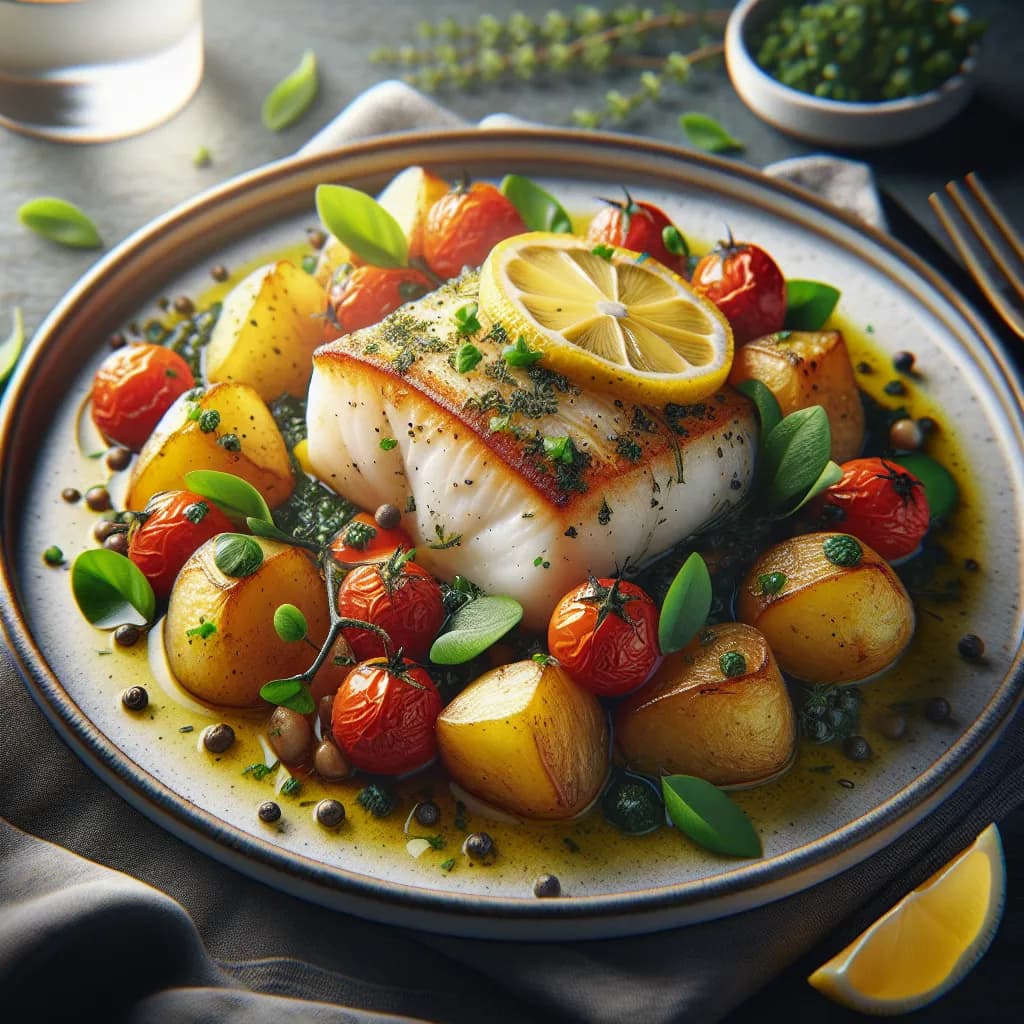 Lemon Herb Cod with Roasted Potatoes and Tomatoes