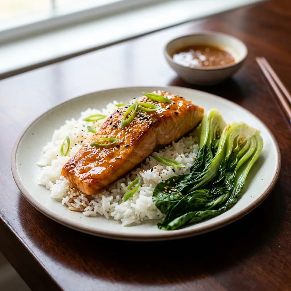 Lemon Marmalade Tamari Salmon with Rice and Bok Choy
