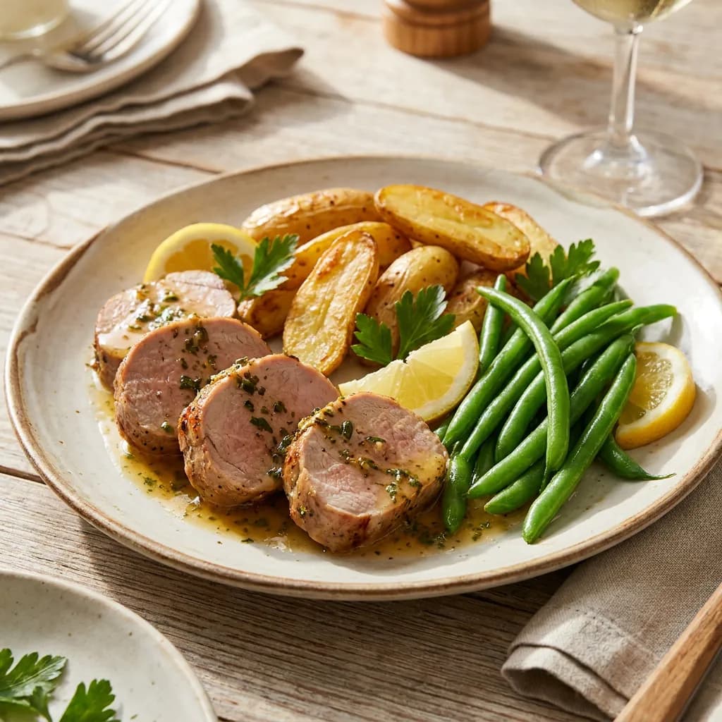 Lemon-Garlic Butter Pork Tenderloin with Potatoes and Green Beans