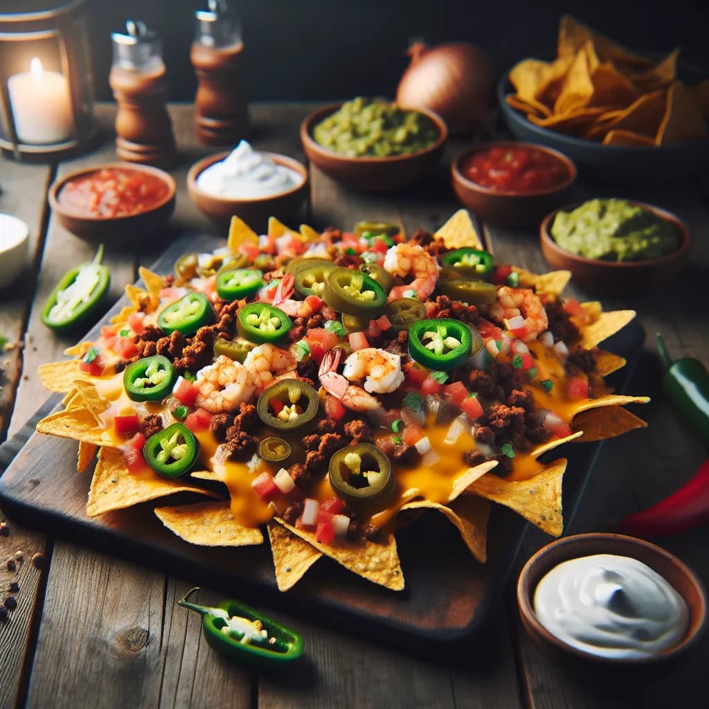 Loaded Nachos with Hamburger, Chicken, and Shrimp