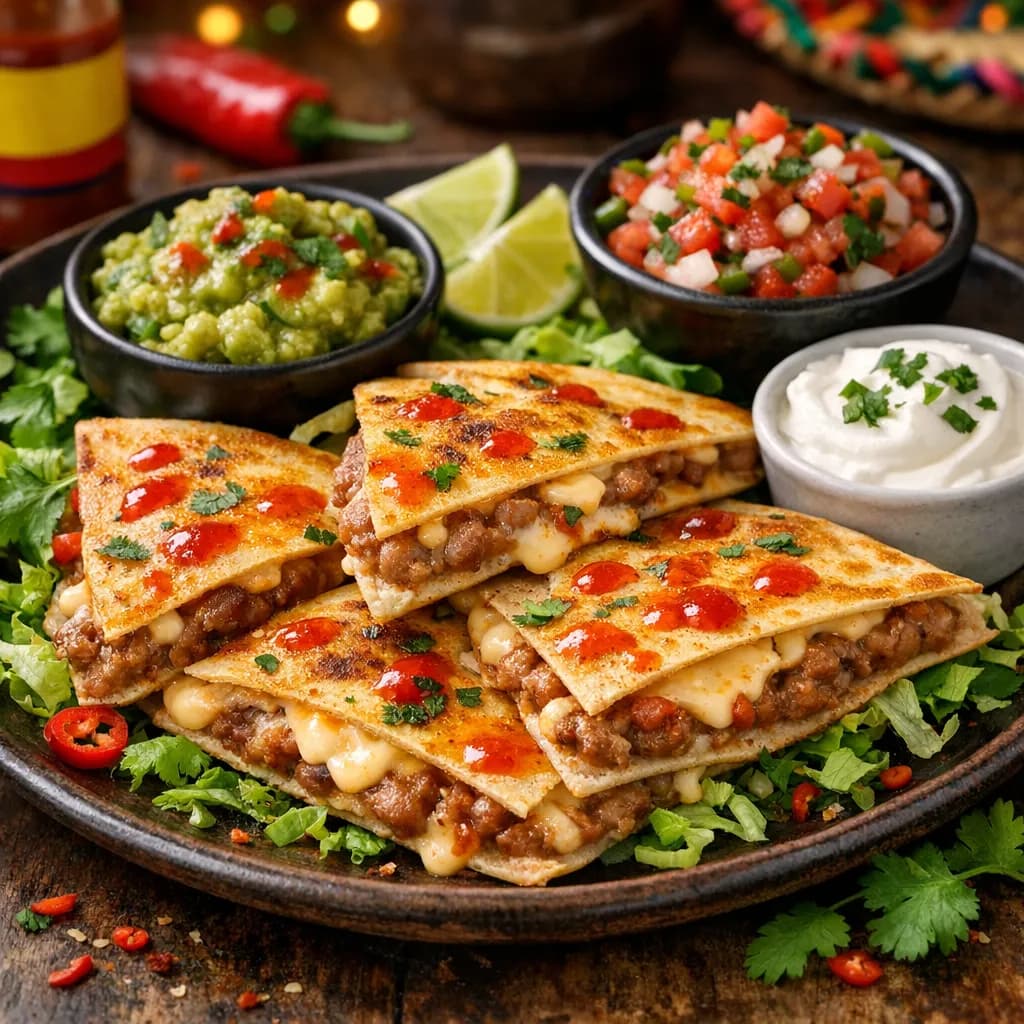 Loaded Spicy Bean & Queso Quesadillas with Guacamole, Sour Cream, and Pico de Gallo