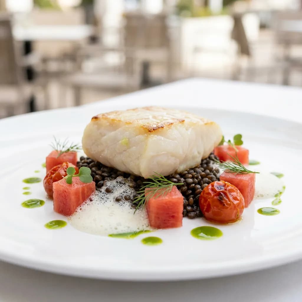 Lomo de bacalao sobre lentejas, sandía comprimida y salsa blanca de limón