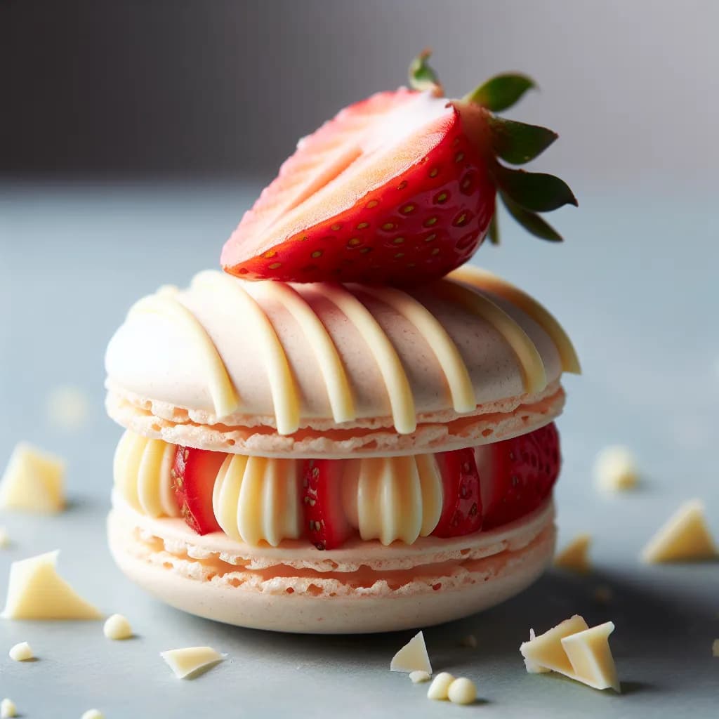 Macarone francese alla vaniglia, con pezzetti alla fragola, decorato con striscie al cioccolato bianco