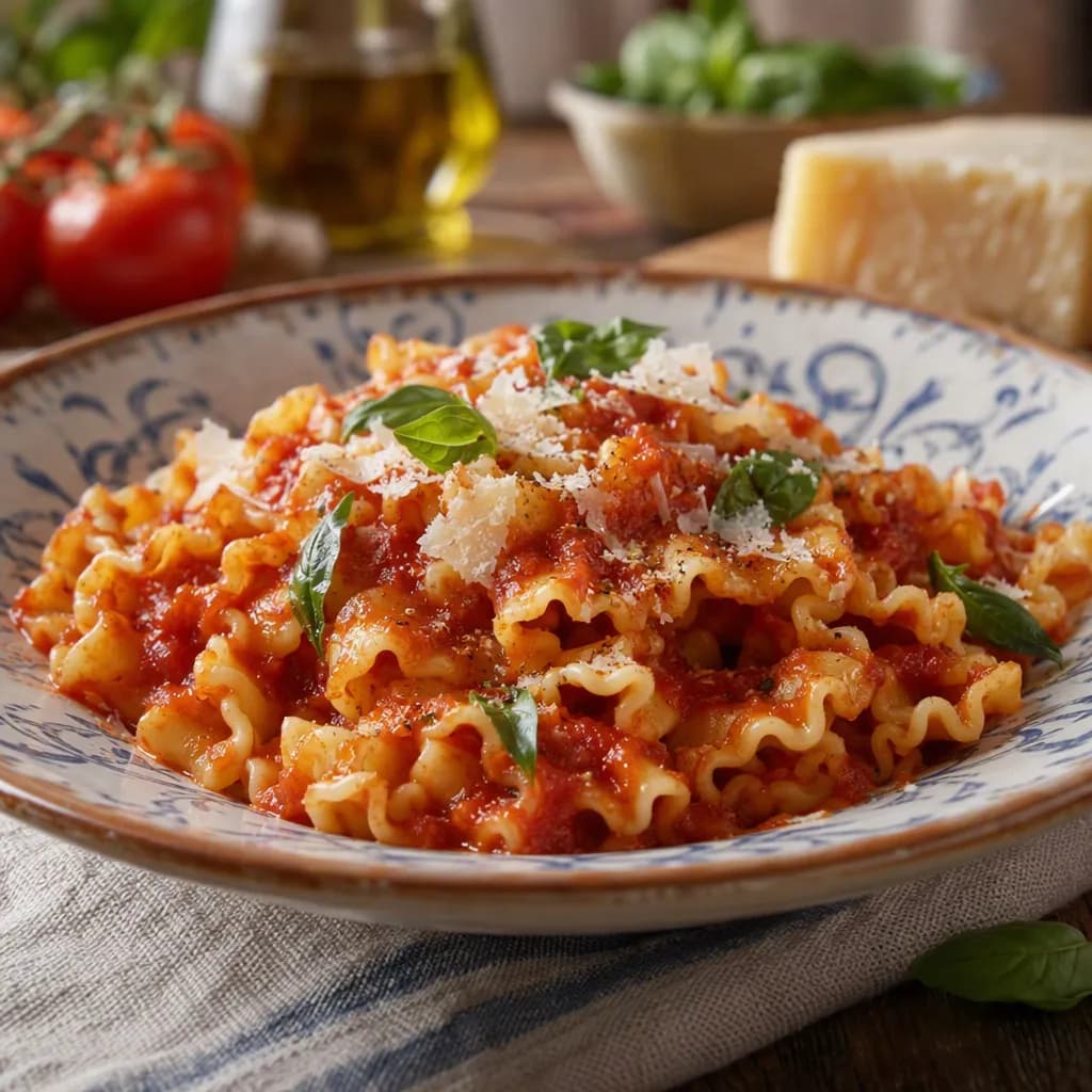 Mafalda corta al sugo rosso, basilico e parmigiano