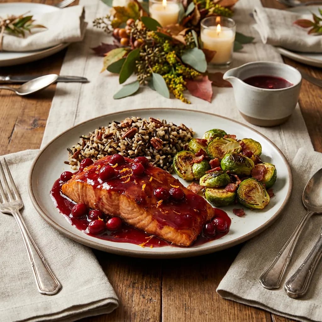 Maple-Cranberry Salmon with Wild Rice and Roasted Brussels Sprouts