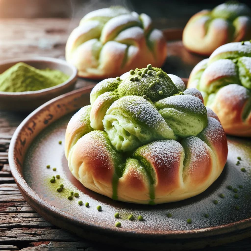 Matcha-Buchteln mit Puderzucker