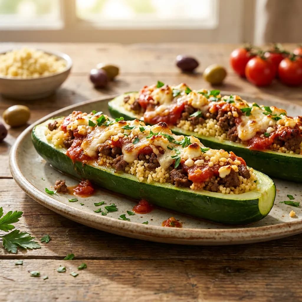 Mediterran gefüllte Schmorgurken mit Rinderhack und Couscous