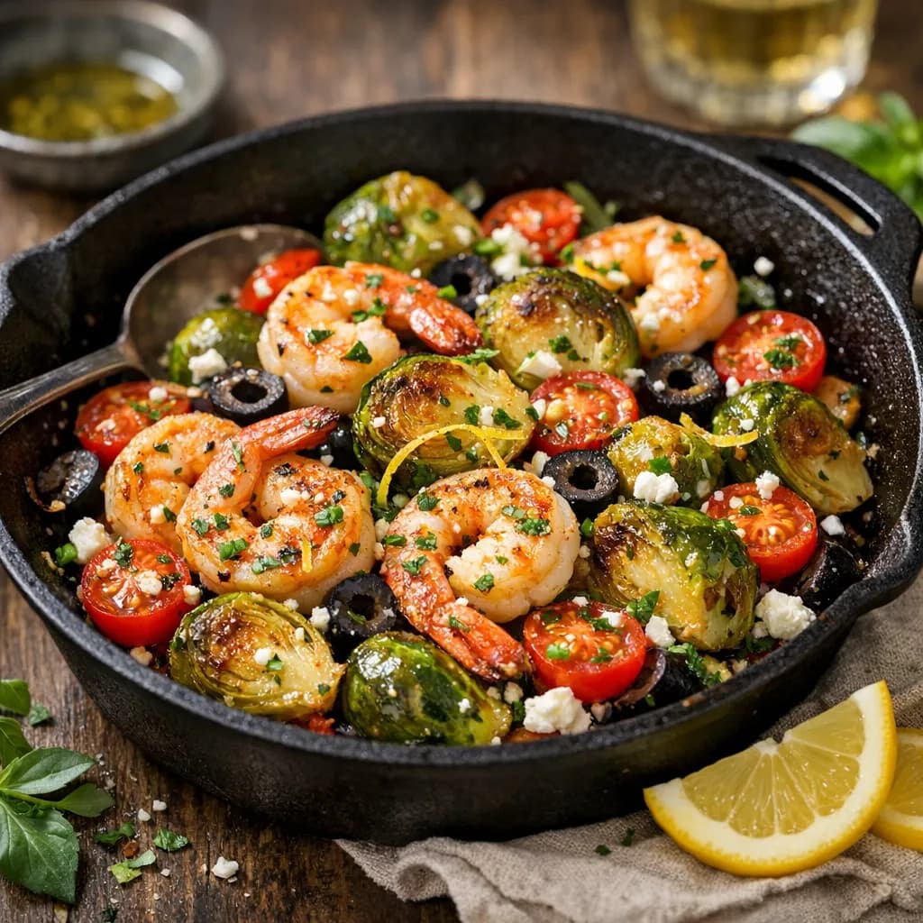 Mediterranean Brussels Sprouts and Shrimp Skillet