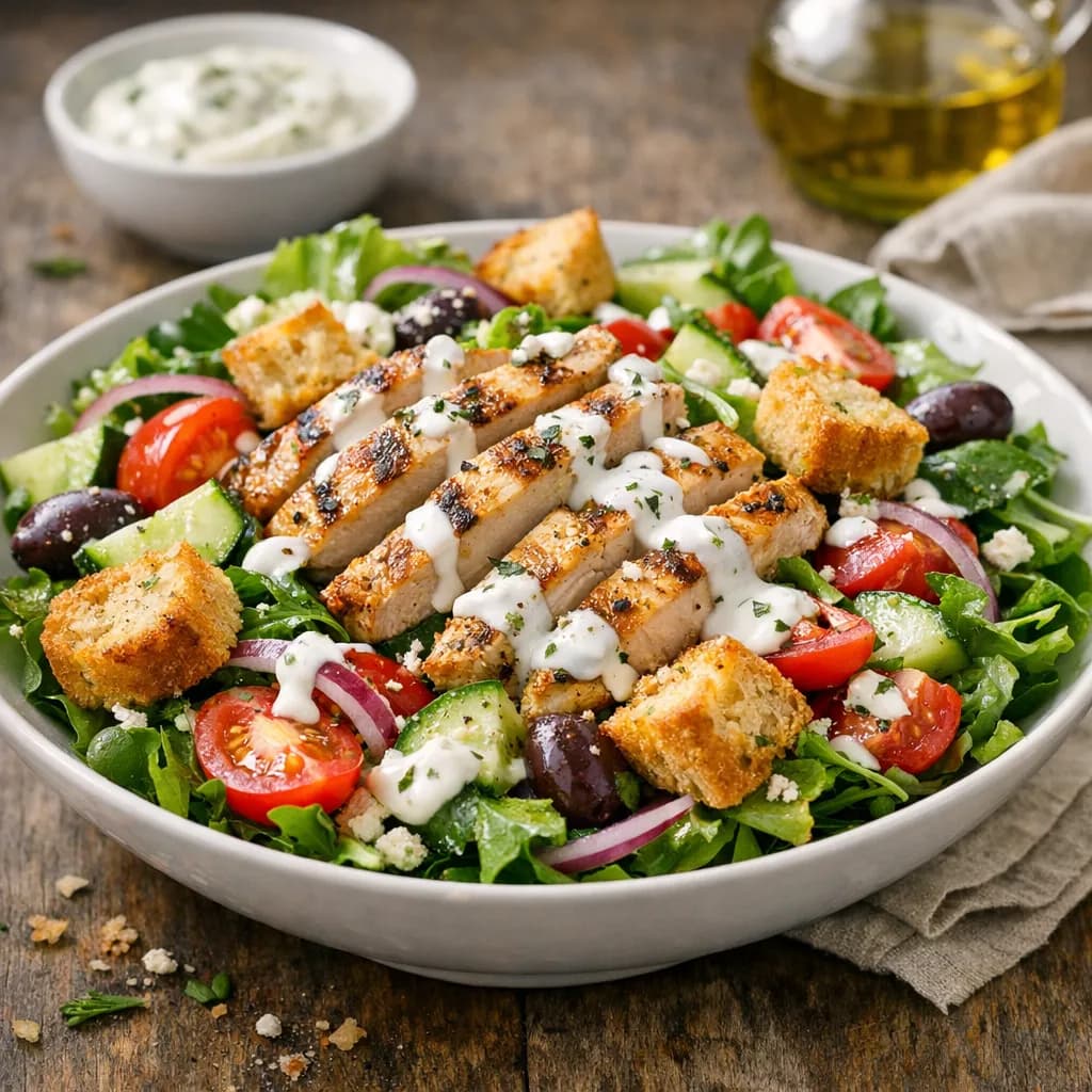 Mediterranean Chicken Salad with Yogurt Dressing and Baguette Croutons