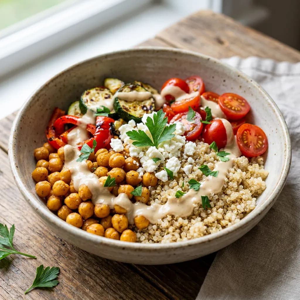 Mediterranean Chickpea Quinoa Bowl with Feta and Tahini