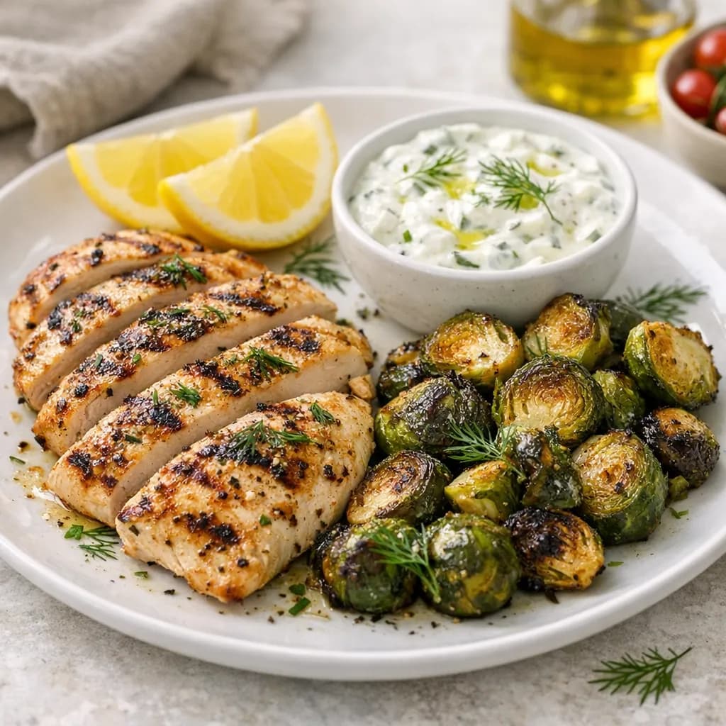 Mediterranean Grilled Chicken with Brussels Sprouts and Tzatziki