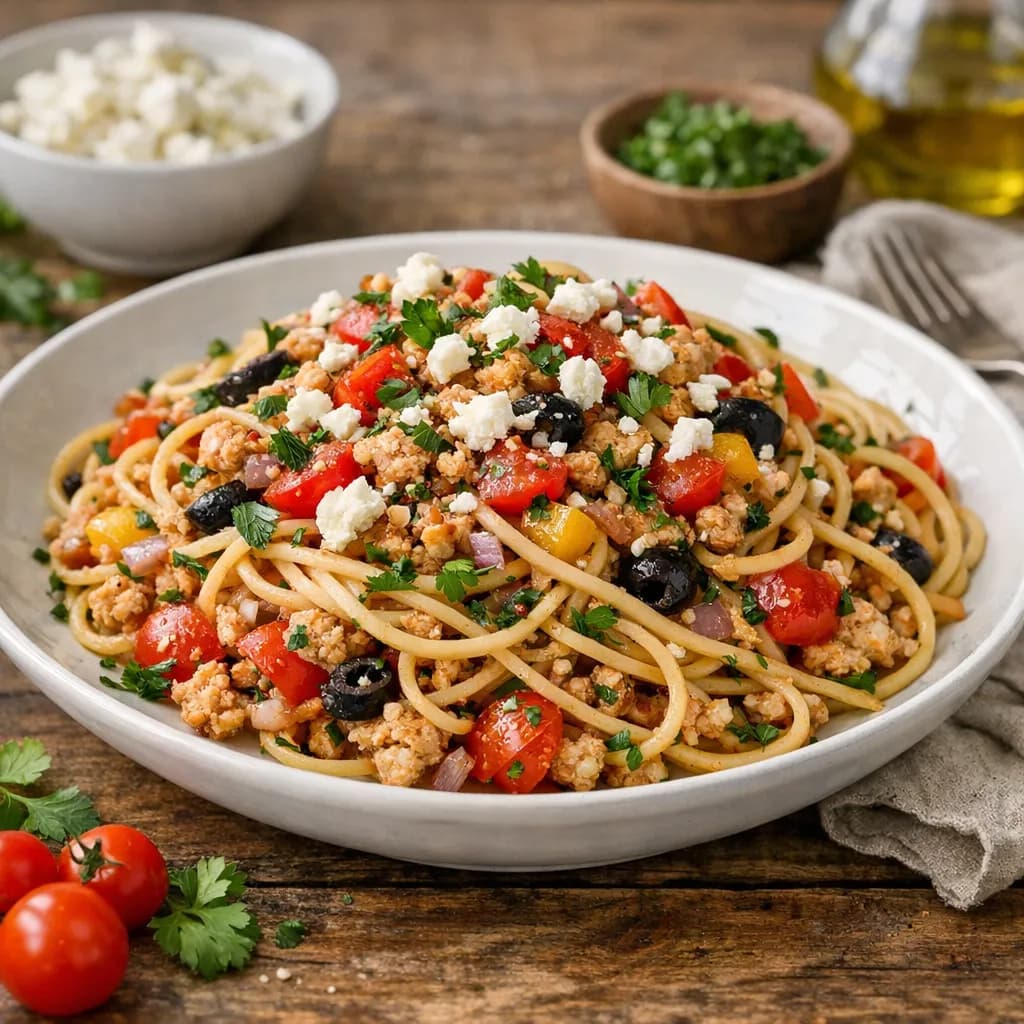 Mediterranean Minced Chicken Spaghetti