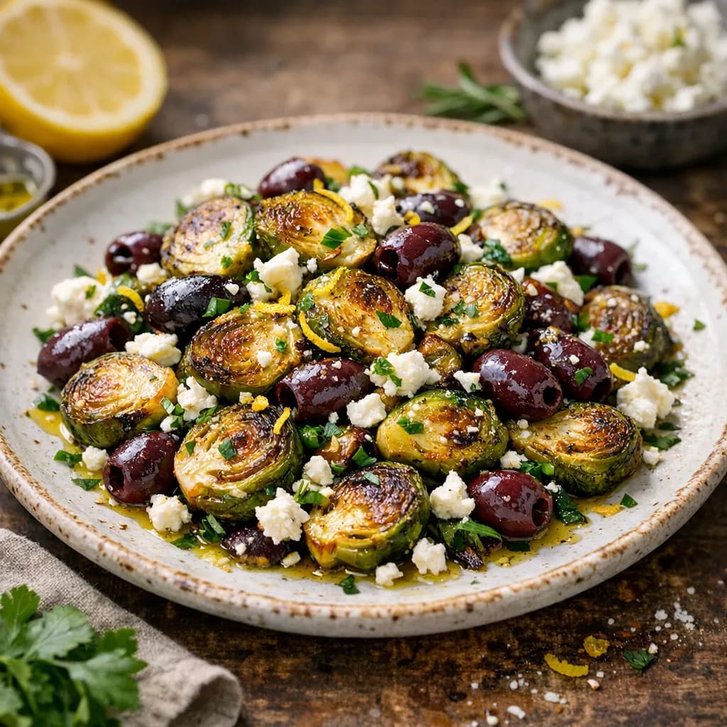 Mediterranean Roasted Brussels Sprouts with Feta and Olives