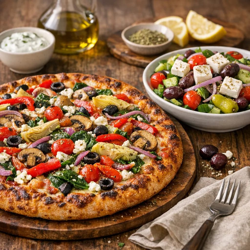 Mediterranean Style Extra Crispy Veggie Pizza with Greek Salad
