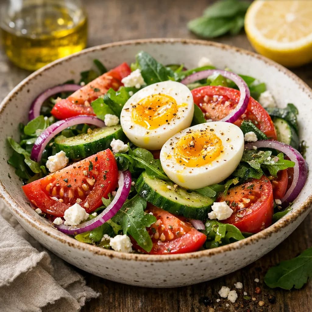 Mediterranean Tomato & Cucumber Salad with Boiled Egg