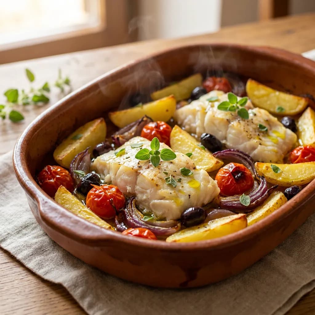 Merluzzo al forno con patate, pomodori e olive