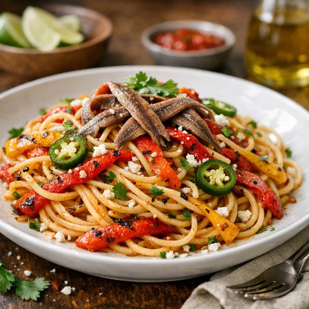 Mexican Pasta with Roasted Peppers and Anchovies