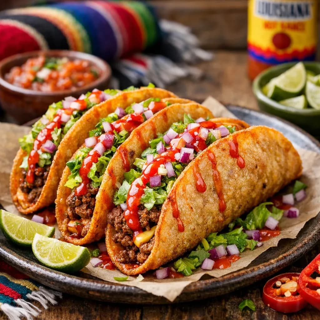 Mexican-American Spicy Fried Corn Tortilla Tacos with Romaine and Hot Sauce