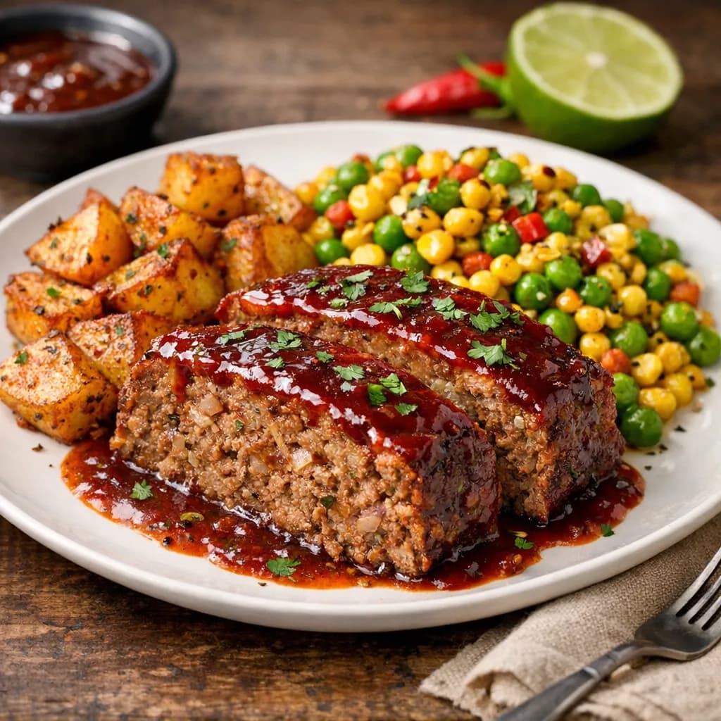 Mexican-Style Beef Meatloaf with Chipotle Glaze, Roasted Paprika Potatoes, and Spicy Corn Peas