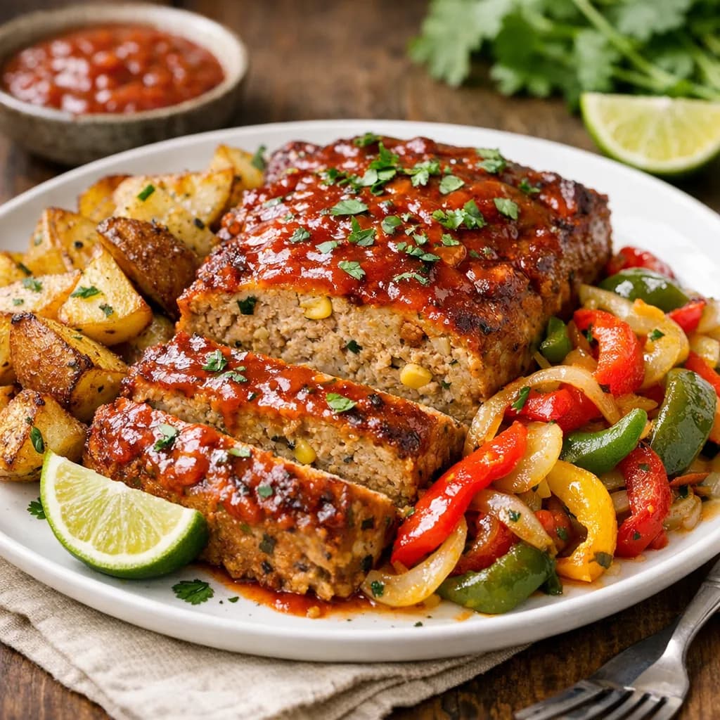 Mexican-Style Turkey Meatloaf with Chipotle, Roasted Potatoes, and Sautéed Peppers